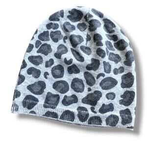 Qi Cashmere Beanie Hat Grey Leopard Women’s Size OS Lightweight Elevated Basic